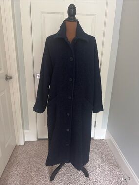 Eileen Fisher Maxi Black Heavy Warm Coat in Loopy Boucle M